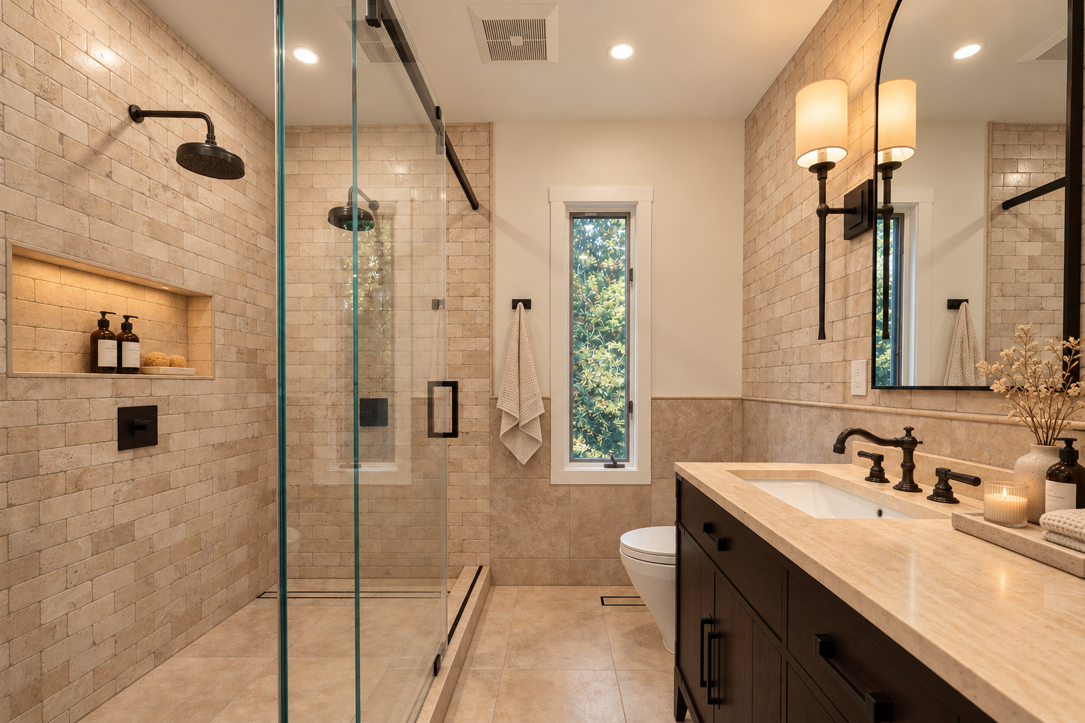 Los Gatos bathroom remodel with curbless walk-in shower and dark wood double vanity