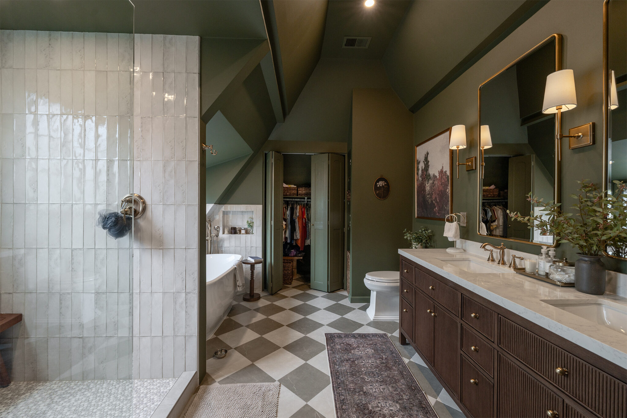 San Mateo bathroom remodel with green walls, dark wood double vanity and checkerboard floor