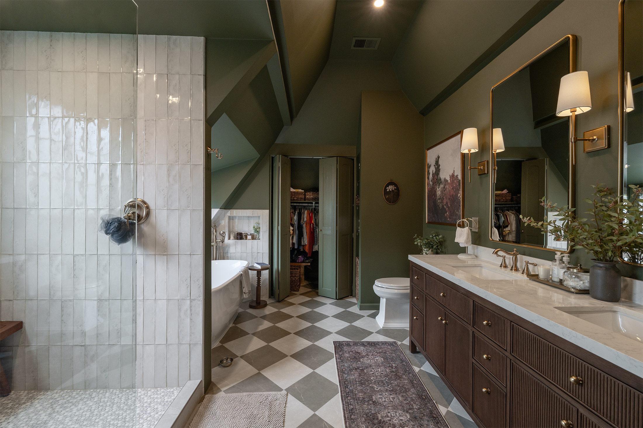 San Mateo bathroom remodel with green walls, dark wood double vanity and checkerboard floor